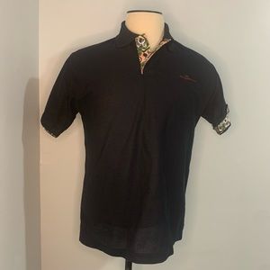 Tommy Bahama Navy Golf Shirt  Tropical Print Facings   Logo on Chest  L